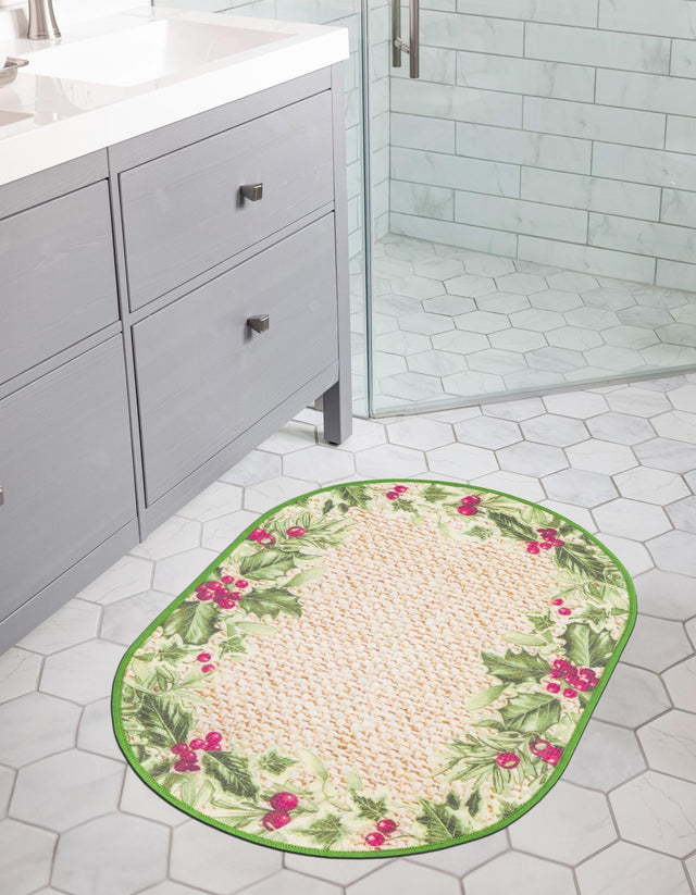 Beige and Green 2' x 3' 1 Jill Zarin Caribbean Outdoor Oval Area Rug Weather Resistant for Patio, Deck, Terrace, Balcony, Porch 100% Premium Nylon Pile Coastal Carpet for Sale at Rug Engine