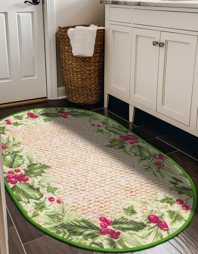 Beige and Green 2' x 3' 1 Jill Zarin Caribbean Outdoor Oval Area Rug Weather Resistant for Patio, Deck, Terrace, Balcony, Porch 100% Premium Nylon Pile Coastal Carpet for Sale at Rug Engine