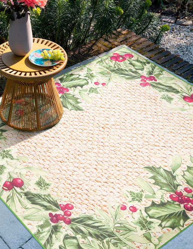 Beige and Green 7' 10 x 7' 10 Jill Zarin Caribbean Outdoor Square Area Rug Weather Resistant for Patio, Deck, Terrace, Balcony, Porch 100% Premium Nylon Pile Coastal Carpet for Sale at Rug Engine