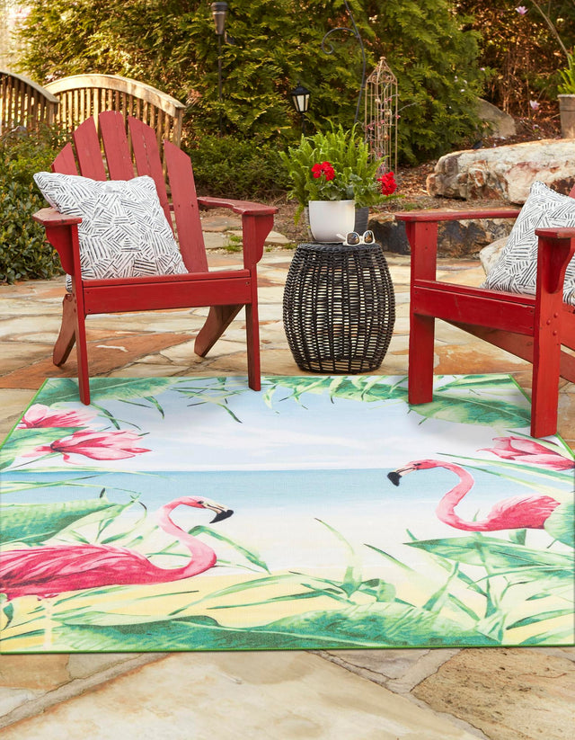 Blue and Green 4' 1 x 6' 1 Jill Zarin Caribbean Outdoor Rectangle Area Rug Weather Resistant for Patio, Deck, Terrace, Balcony, Porch 100% Premium Nylon Pile Coastal Carpet for Sale at Rug Engine