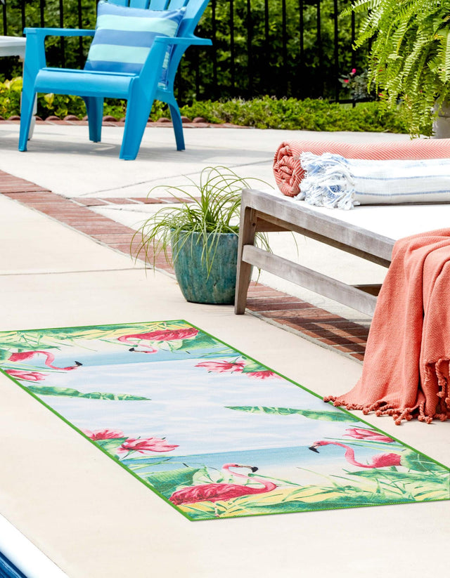 Blue and Green 2' x 10' Jill Zarin Caribbean Outdoor Runner Area Rug Weather Resistant for Patio, Deck, Terrace, Balcony, Porch 100% Premium Nylon Pile Coastal Carpet for Sale at Rug Engine