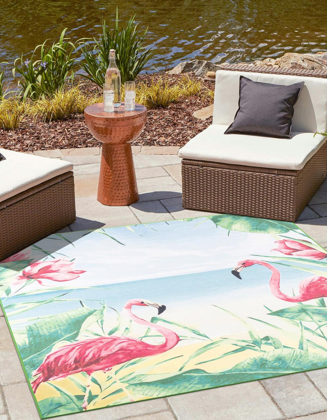 Blue and Green 10' x 10' Jill Zarin Caribbean Outdoor Square Area Rug Weather Resistant for Patio, Deck, Terrace, Balcony, Porch 100% Premium Nylon Pile Coastal Carpet for Sale at Rug Engine