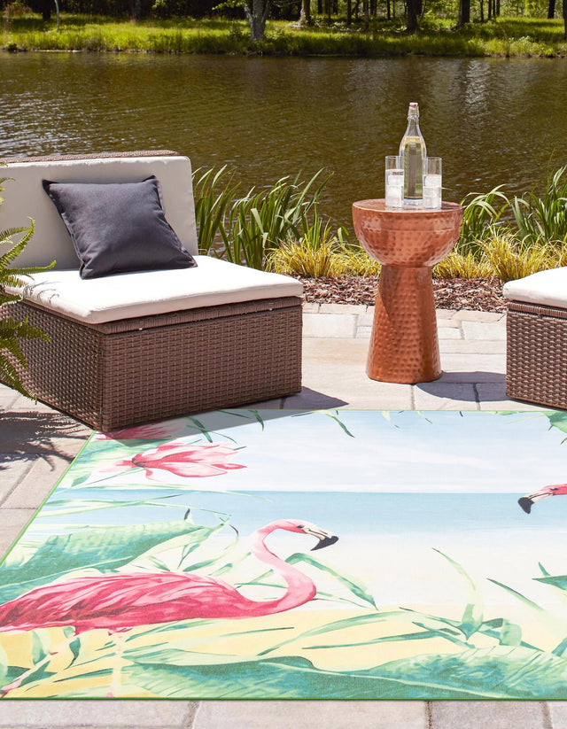 Blue and Green 8' x 8' Jill Zarin Caribbean Outdoor Square Area Rug Weather Resistant for Patio, Deck, Terrace, Balcony, Porch 100% Premium Nylon Pile Coastal Carpet for Sale at Rug Engine