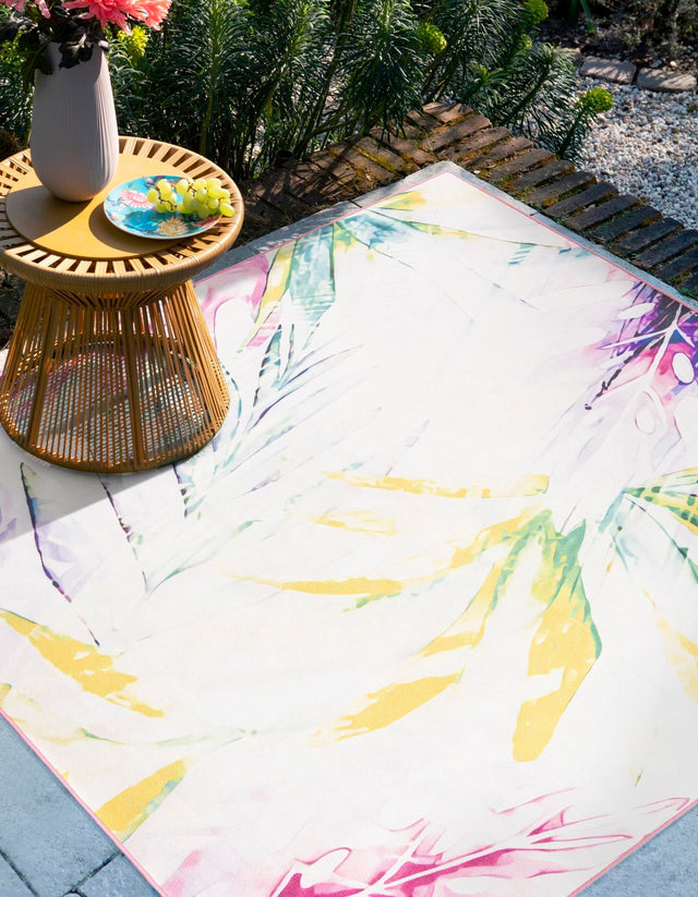 Ivory 10' x 10' Jill Zarin Caribbean Outdoor Square Area Rug Weather Resistant for Patio, Deck, Terrace, Balcony, Porch 100% Premium Nylon Pile Coastal Carpet for Sale at Rug Engine