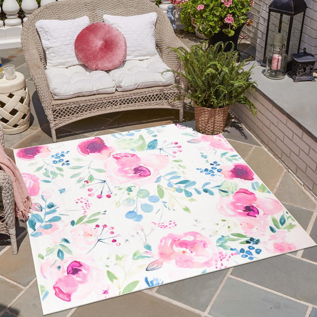 Ivory 10' x 10' Jill Zarin Caribbean Outdoor Square Area Rug Weather Resistant for Patio, Deck, Terrace, Balcony, Porch 100% Premium Nylon Pile Coastal Carpet for Sale at Rug Engine
