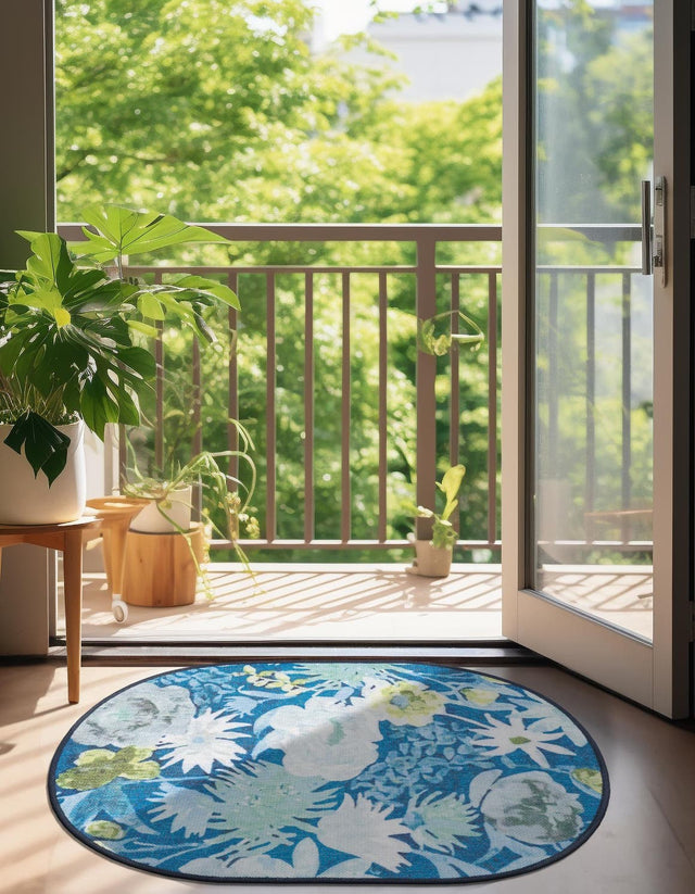 Navy Blue 2' x 3' 1 Jill Zarin Caribbean Outdoor Oval Area Rug Weather Resistant for Patio, Deck, Terrace, Balcony, Porch 100% Premium Nylon Pile Coastal Carpet for Sale at Rug Engine