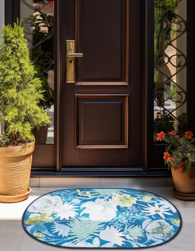 Navy Blue 2' x 3' 1 Jill Zarin Caribbean Outdoor Oval Area Rug Weather Resistant for Patio, Deck, Terrace, Balcony, Porch 100% Premium Nylon Pile Coastal Carpet for Sale at Rug Engine