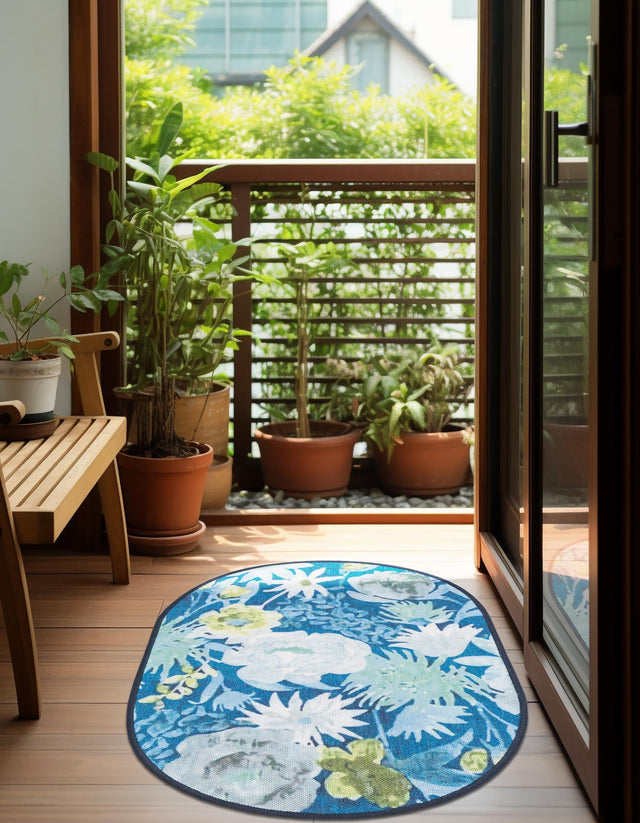 Navy Blue 2' x 3' 1 Jill Zarin Caribbean Outdoor Oval Area Rug Weather Resistant for Patio, Deck, Terrace, Balcony, Porch 100% Premium Nylon Pile Coastal Carpet for Sale at Rug Engine
