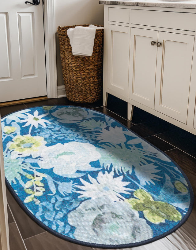 Navy Blue 2' x 3' 1 Jill Zarin Caribbean Outdoor Oval Area Rug Weather Resistant for Patio, Deck, Terrace, Balcony, Porch 100% Premium Nylon Pile Coastal Carpet for Sale at Rug Engine