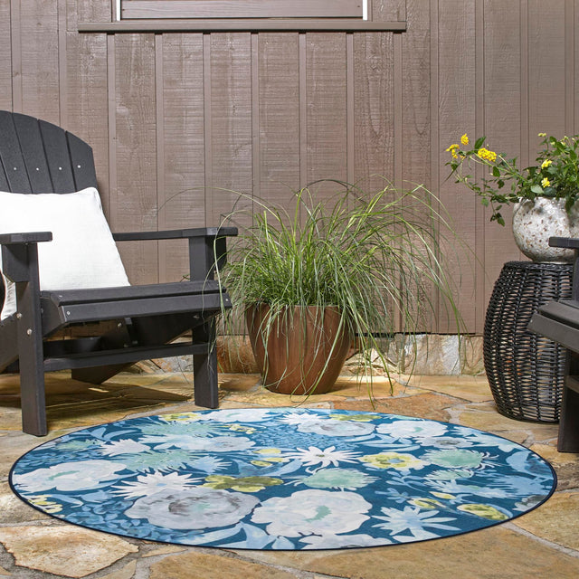 Navy Blue 7' 10 x 7' 10 Jill Zarin Caribbean Outdoor Round Area Rug Weather Resistant for Patio, Deck, Terrace, Balcony, Porch 100% Premium Nylon Pile Coastal Carpet for Sale at Rug Engine