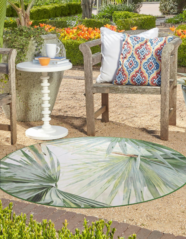 Green 3' 3 x 3' 3 Jill Zarin Caribbean Outdoor Round Area Rug Weather Resistant for Patio, Deck, Terrace, Balcony, Porch 100% Premium Nylon Pile Coastal Carpet for Sale at Rug Engine