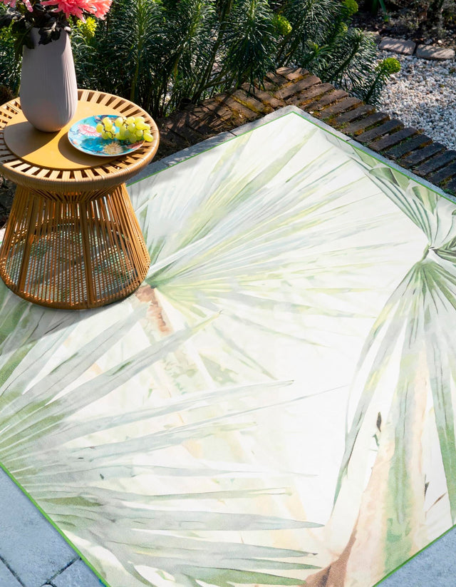 Green 10' x 10' Jill Zarin Caribbean Outdoor Square Area Rug Weather Resistant for Patio, Deck, Terrace, Balcony, Porch 100% Premium Nylon Pile Coastal Carpet for Sale at Rug Engine