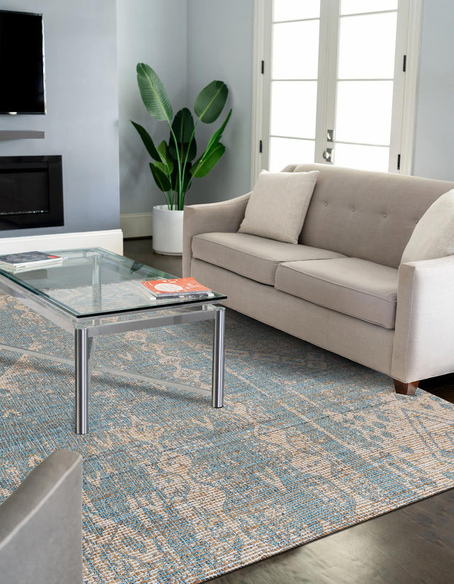 Antique Blue 9' x 12' Chenille Jute Rectangle Area Rug Vintage Distressed Boho All Natural Eco-Friendly Sustainable Carpet for Living Dining Office Dorm Rooms for Sale at Rug Engine