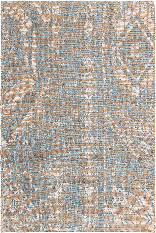 Antique Blue 5' 3 x 8' Chenille Jute Rectangle Area Rug Vintage Distressed Boho All Natural Eco-Friendly Sustainable Carpet for Living Dining Office Dorm Rooms for Sale at Rug Engine