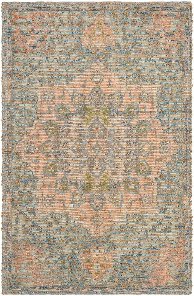 Blue and Peach 4' 1 x 6' 1 Chenille Jute Rectangle Area Rug Vintage Distressed Boho All Natural Eco-Friendly Sustainable Carpet for Living Dining Office Dorm Rooms for Sale at Rug Engine