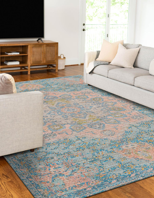 Blue and Peach 9' x 12' Chenille Jute Rectangle Area Rug Vintage Distressed Boho All Natural Eco-Friendly Sustainable Carpet for Living Dining Office Dorm Rooms for Sale at Rug Engine