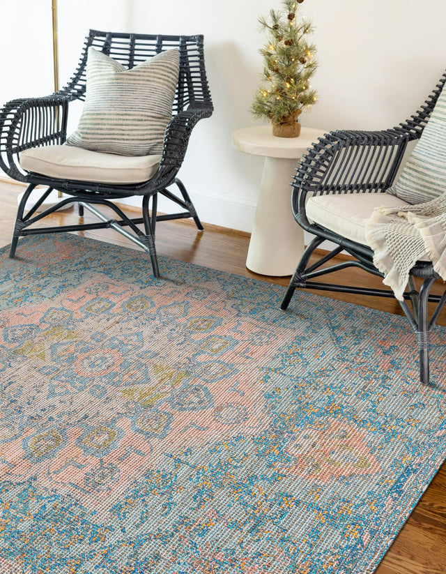 Blue and Peach 7' 10 x 10' Chenille Jute Rectangle Area Rug Vintage Distressed Boho All Natural Eco-Friendly Sustainable Carpet for Living Dining Office Dorm Rooms for Sale at Rug Engine
