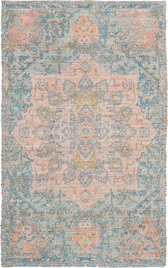 Blue and Peach 5' 3 x 8' Chenille Jute Rectangle Area Rug Vintage Distressed Boho All Natural Eco-Friendly Sustainable Carpet for Living Dining Office Dorm Rooms for Sale at Rug Engine