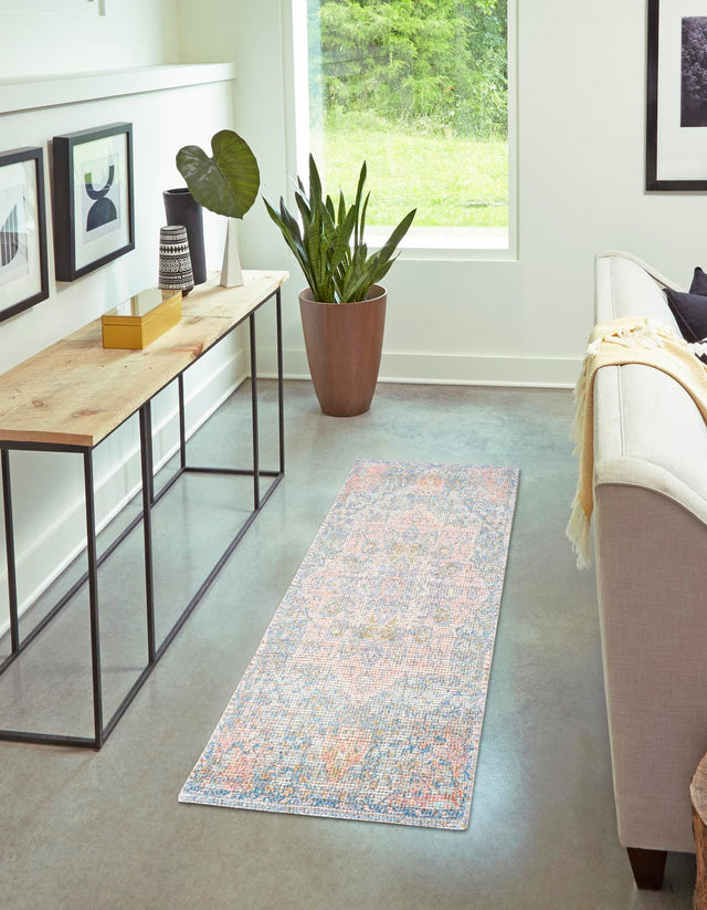 Blue and Peach 2' 2 x 6' 1 Chenille Jute Runner Area Rug Vintage Distressed Boho All Natural Eco-Friendly Sustainable Carpet for Living Dining Office Dorm Rooms for Sale at Rug Engine