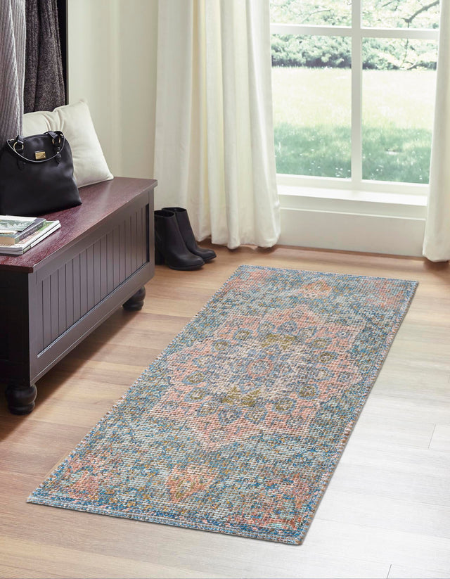 Blue and Peach 2' 2 x 6' 1 Chenille Jute Runner Area Rug Vintage Distressed Boho All Natural Eco-Friendly Sustainable Carpet for Living Dining Office Dorm Rooms for Sale at Rug Engine