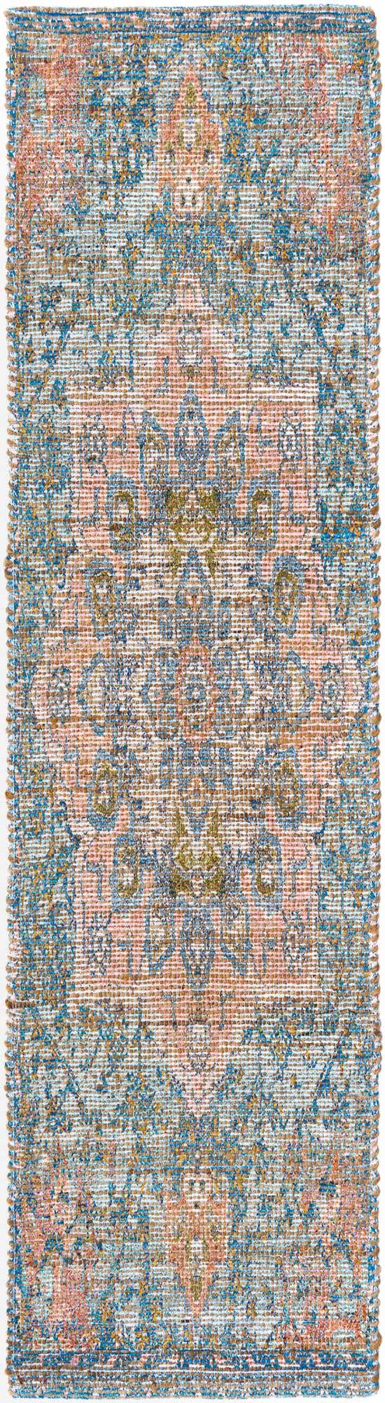 Blue and Peach 2' 2 x 8' Chenille Jute Runner Area Rug Vintage Distressed Boho All Natural Eco-Friendly Sustainable Carpet for Living Dining Office Dorm Rooms for Sale at Rug Engine