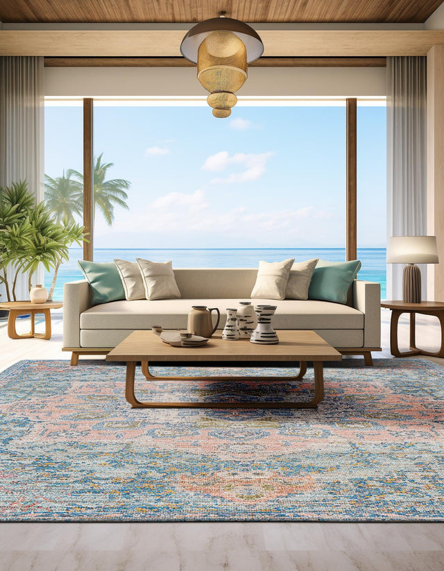 Blue and Peach 7' 10 x 7' 10 Chenille Jute Square Area Rug Vintage Distressed Boho All Natural Eco-Friendly Sustainable Carpet for Living Dining Office Dorm Rooms for Sale at Rug Engine