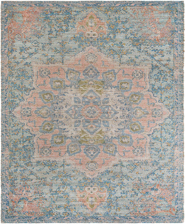 Blue and Peach 7' 10 x 10' Chenille Jute Rectangle Area Rug Vintage Distressed Boho All Natural Eco-Friendly Sustainable Carpet for Living Dining Office Dorm Rooms for Sale at Rug Engine