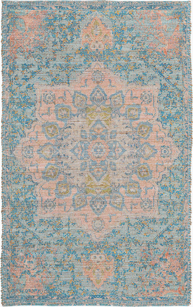 Blue and Peach 9' x 12' Chenille Jute Rectangle Area Rug Vintage Distressed Boho All Natural Eco-Friendly Sustainable Carpet for Living Dining Office Dorm Rooms for Sale at Rug Engine