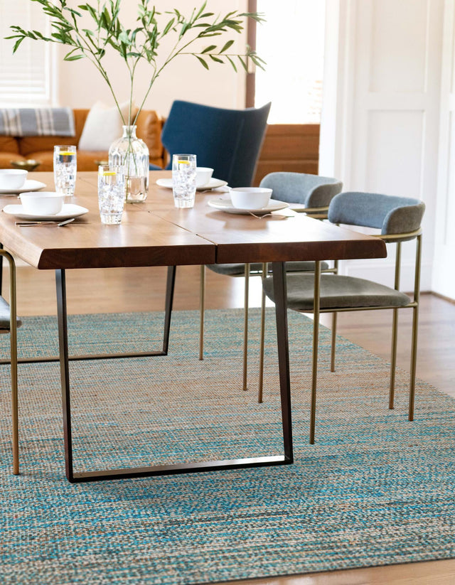 Ivory and Blue 9' x 12' Chenille Jute Rectangle Area Rug Vintage Distressed Boho All Natural Eco-Friendly Sustainable Carpet for Living Dining Office Dorm Rooms for Sale at Rug Engine