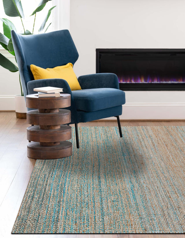 Ivory and Blue 9' x 12' Chenille Jute Rectangle Area Rug Vintage Distressed Boho All Natural Eco-Friendly Sustainable Carpet for Living Dining Office Dorm Rooms for Sale at Rug Engine