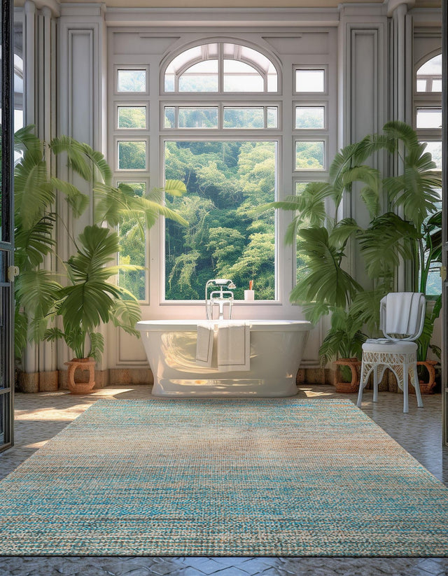 Ivory and Blue 9' x 12' Chenille Jute Rectangle Area Rug Vintage Distressed Boho All Natural Eco-Friendly Sustainable Carpet for Living Dining Office Dorm Rooms for Sale at Rug Engine