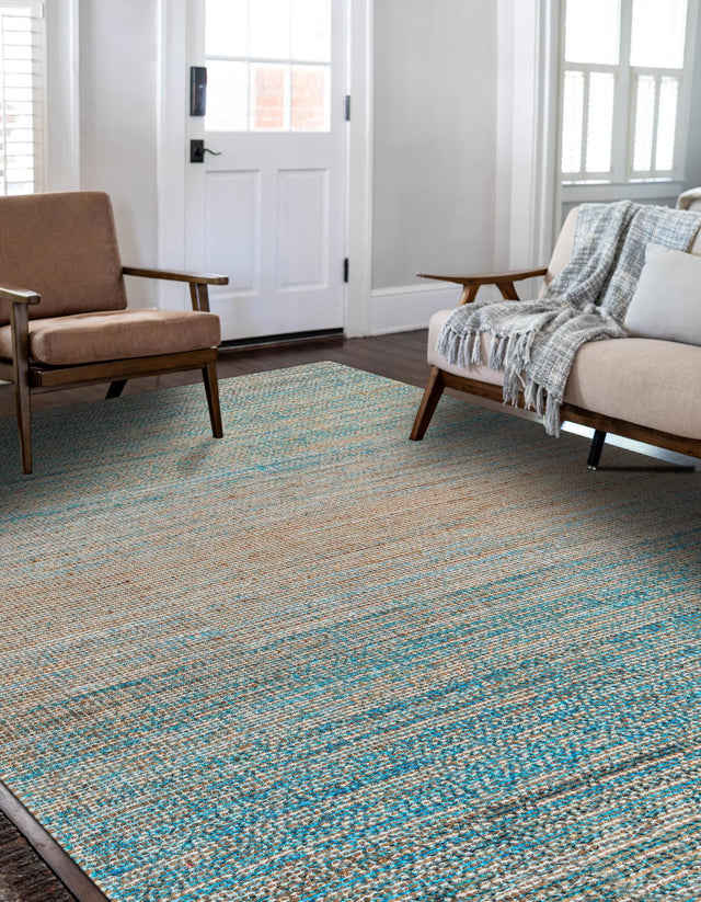 Ivory and Blue 9' x 12' Chenille Jute Rectangle Area Rug Vintage Distressed Boho All Natural Eco-Friendly Sustainable Carpet for Living Dining Office Dorm Rooms for Sale at Rug Engine