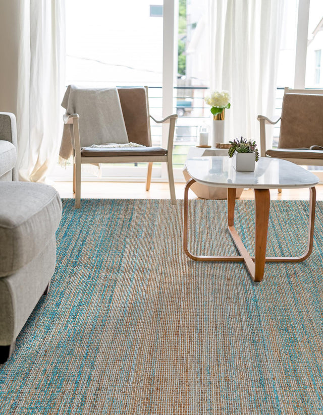 Ivory and Blue 9' x 12' Chenille Jute Rectangle Area Rug Vintage Distressed Boho All Natural Eco-Friendly Sustainable Carpet for Living Dining Office Dorm Rooms for Sale at Rug Engine
