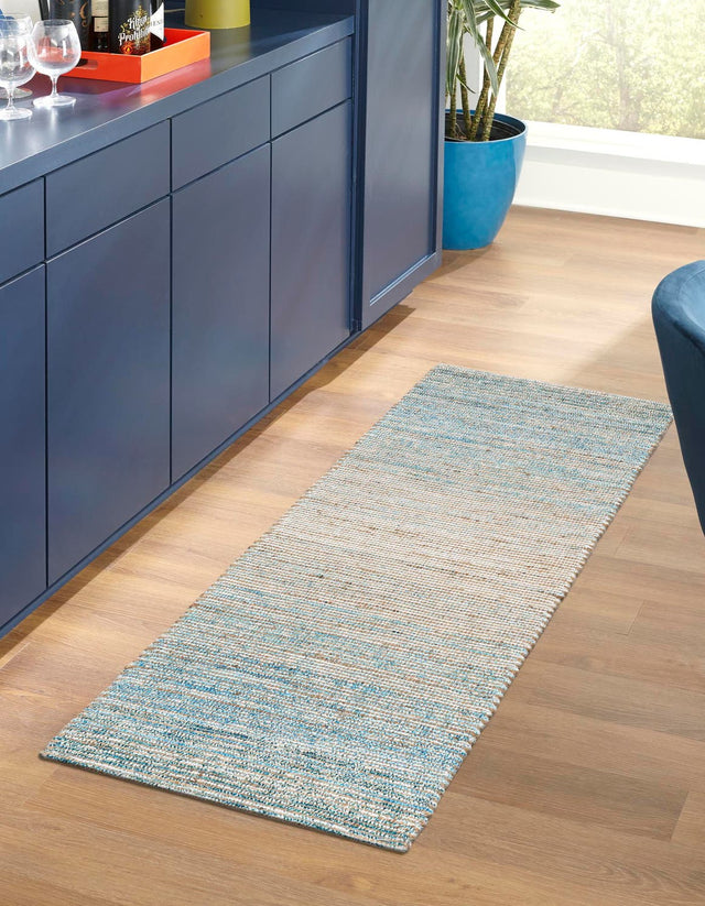 Ivory and Blue 2' 2 x 8' Chenille Jute Runner Area Rug Vintage Distressed Boho All Natural Eco-Friendly Sustainable Carpet for Living Dining Office Dorm Rooms for Sale at Rug Engine