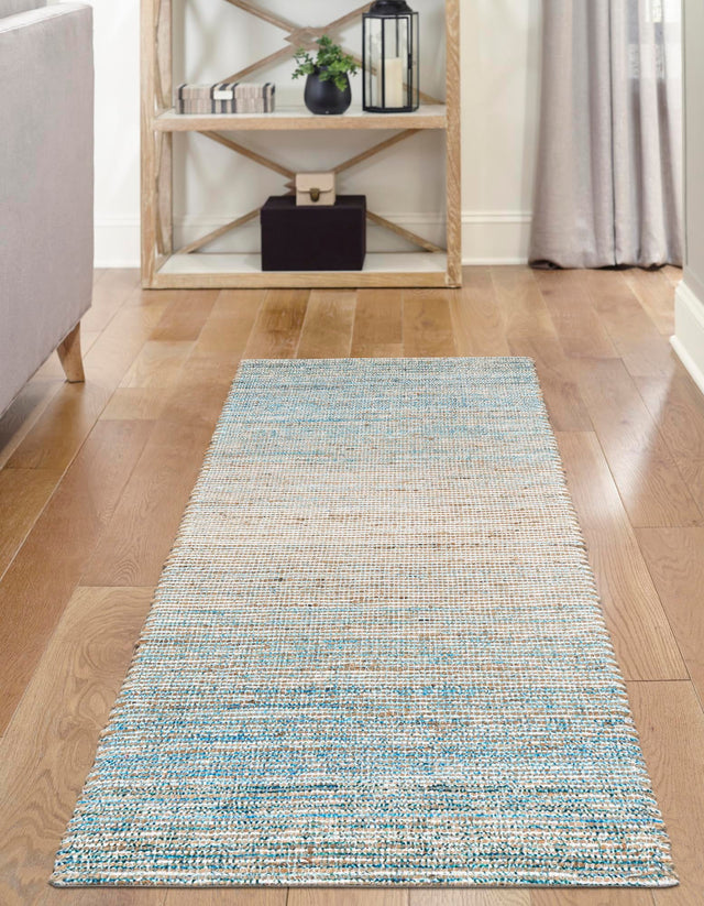 Ivory and Blue 2' 2 x 8' Chenille Jute Runner Area Rug Vintage Distressed Boho All Natural Eco-Friendly Sustainable Carpet for Living Dining Office Dorm Rooms for Sale at Rug Engine