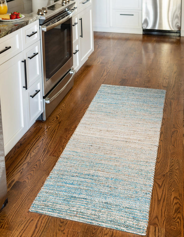 Ivory and Blue 2' 2 x 8' Chenille Jute Runner Area Rug Vintage Distressed Boho All Natural Eco-Friendly Sustainable Carpet for Living Dining Office Dorm Rooms for Sale at Rug Engine