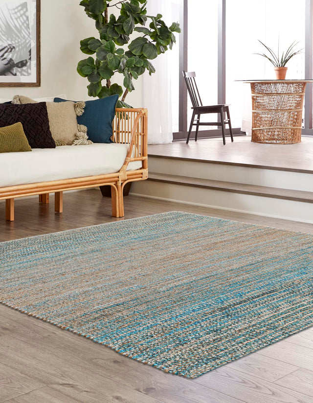 Ivory and Blue 7' 10 x 7' 10 Chenille Jute Square Area Rug Vintage Distressed Boho All Natural Eco-Friendly Sustainable Carpet for Living Dining Office Dorm Rooms for Sale at Rug Engine