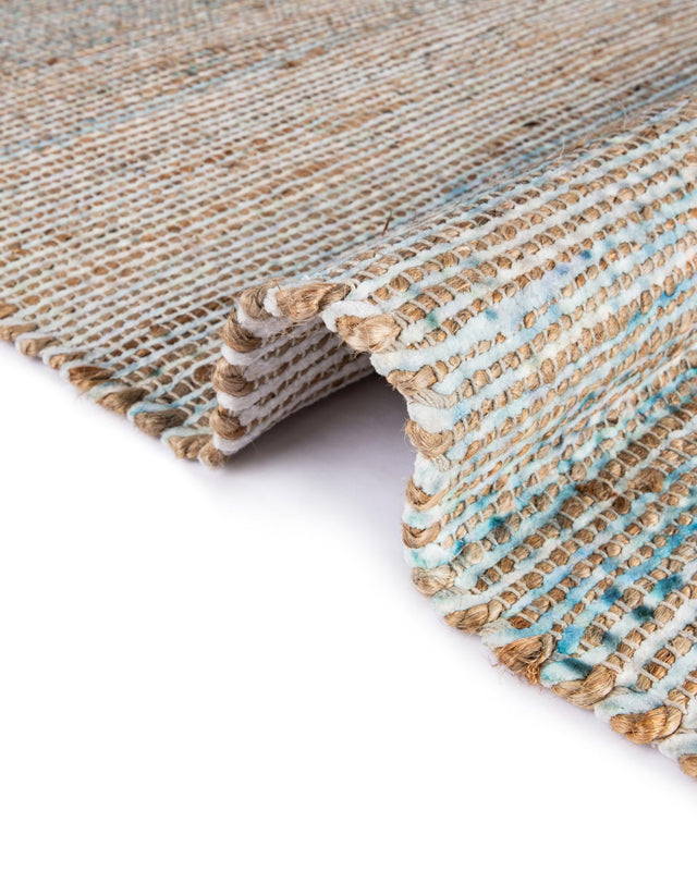 Ivory and Blue 7' 10 x 7' 10 Chenille Jute Square Area Rug Vintage Distressed Boho All Natural Eco-Friendly Sustainable Carpet for Living Dining Office Dorm Rooms for Sale at Rug Engine
