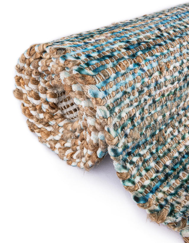 Ivory and Blue 7' 10 x 7' 10 Chenille Jute Square Area Rug Vintage Distressed Boho All Natural Eco-Friendly Sustainable Carpet for Living Dining Office Dorm Rooms for Sale at Rug Engine