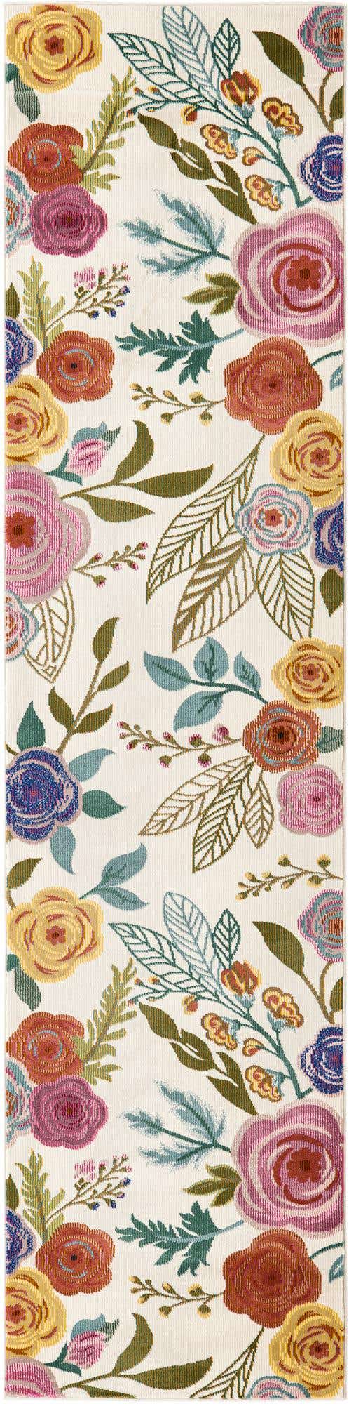Ivory 2' 7 x 10' Blossom Runner Area Rug 100% Polypropylene With Cotton Backing Easy Clean Colorful Blooming Blossoming Flower Floral Plant Carpet for Living Dining Room Office Dorms for Sale at Rug Engine