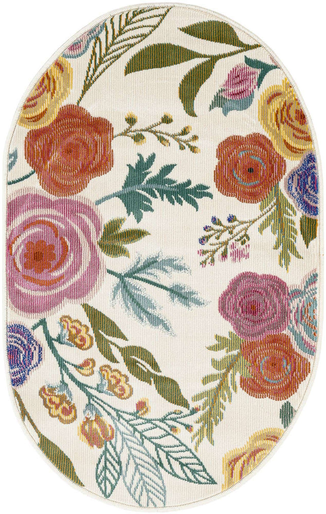 Ivory 2' x 3' 1 Blossom Oval Area Rug 100% Polypropylene With Cotton Backing Easy Clean Colorful Blooming Blossoming Flower Floral Plant Carpet for Living Dining Room Office Dorms for Sale at Rug Engine