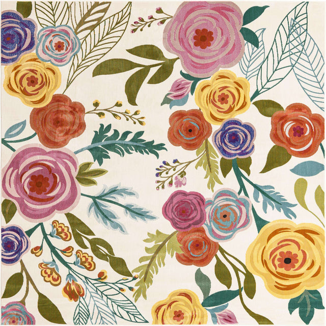 Ivory 4' 1 x 4' 1 Blossom Square Area Rug 100% Polypropylene With Cotton Backing Easy Clean Colorful Blooming Blossoming Flower Floral Plant Carpet for Living Dining Room Office Dorms for Sale at Rug Engine