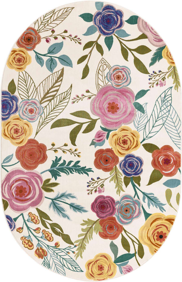 Ivory 6' 1 x 9' Blossom Oval Area Rug 100% Polypropylene With Cotton Backing Easy Clean Colorful Blooming Blossoming Flower Floral Plant Carpet for Living Dining Room Office Dorms for Sale at Rug Engine