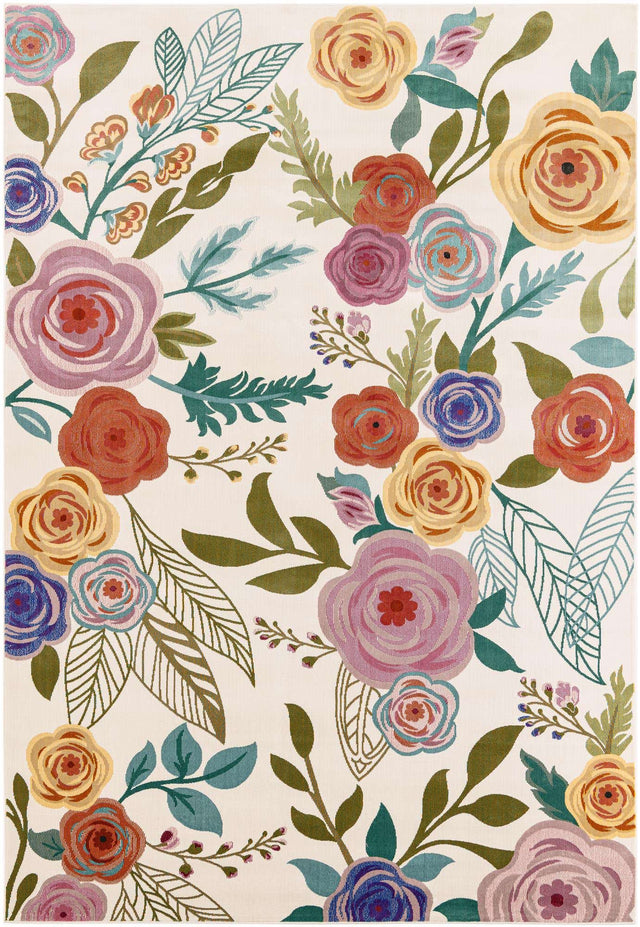 Ivory 7' 1 x 10' Blossom Rectangle Area Rug 100% Polypropylene With Cotton Backing Easy Clean Colorful Blooming Blossoming Flower Floral Plant Carpet for Living Dining Room Office Dorms for Sale at Rug Engine