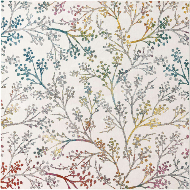Ivory 6' 1 x 6' 1 Blossom Square Area Rug 100% Polypropylene With Cotton Backing Easy Clean Colorful Blooming Blossoming Flower Floral Plant Carpet for Living Dining Room Office Dorms for Sale at Rug Engine