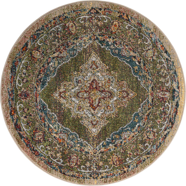 Green 4' 1 x 4' 1 Isabella Round Area Rug Polypropylene & Polyester Traditional Elegant Carpet for Living Rooms, Dining, Office, Dorms for Sale at Rug Engine