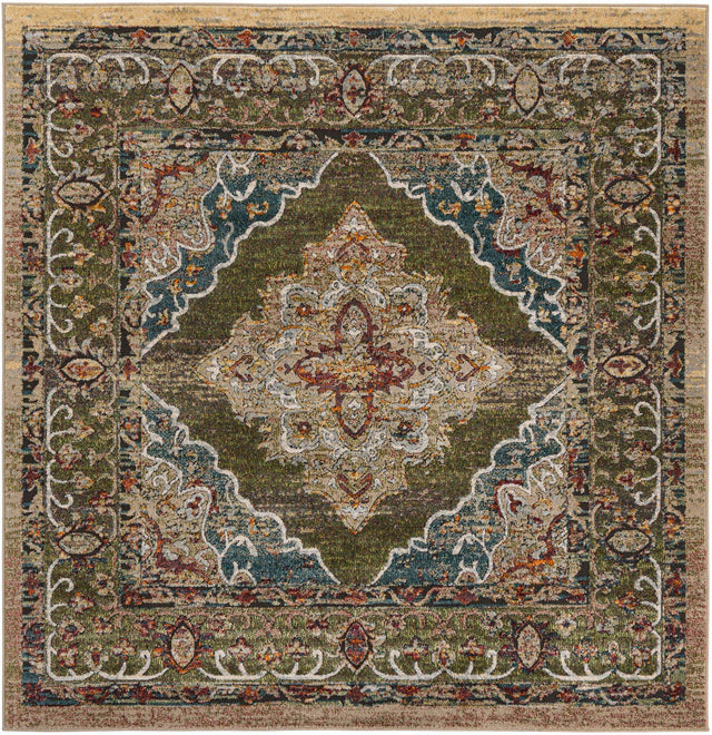 Green 7' 1 x 7' 1 Isabella Square Area Rug Polypropylene & Polyester Traditional Elegant Carpet for Living Rooms, Dining, Office, Dorms for Sale at Rug Engine
