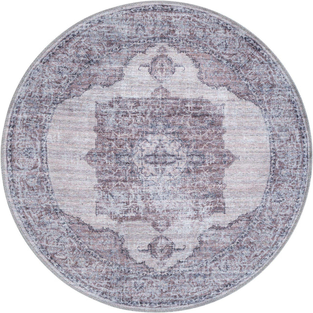 Washable Ivory and Gray 3' 3 x 3' 3 Mangata Round Area Rug Easy to Clean Stain Resistant & Durable Chenille Traditional Vintage Distressed Carpet for Sale at Rug Engine