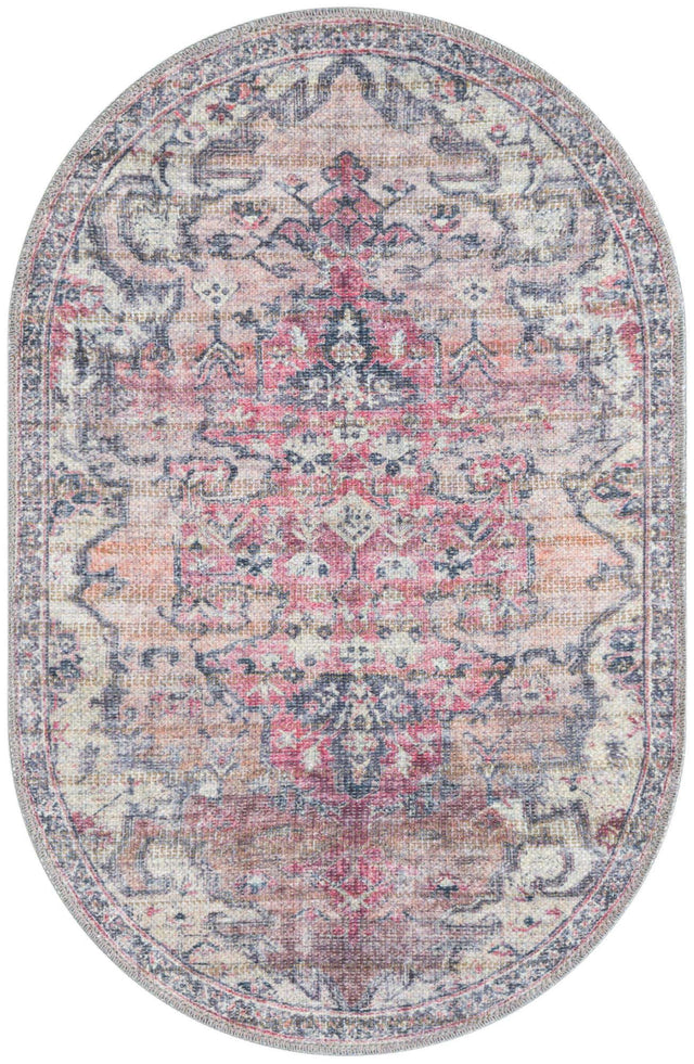Washable Beige pink 2' x 3' 1 Nostalgia Oval Area Rug Easy to Clean Stain Resistant & Durable Polyester Chenille Vintage Distressed Carpet for Sale at Rug Engine