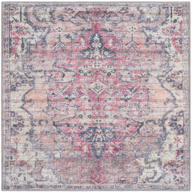 Washable Beige pink 3' 3 x 3' 3 Nostalgia Square Area Rug Easy to Clean Stain Resistant & Durable Polyester Chenille Vintage Distressed Carpet for Sale at Rug Engine